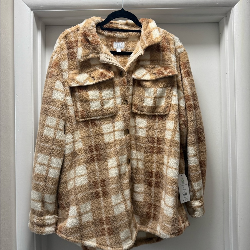 Time and Tru Plaid Teddy Jacket in Tan and Cream